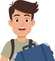 Cheerful young man with backpack holding a blue suitcase in a minimal flat design illustration vector