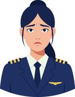 Professional female pilot in a navy uniform with epaulettes showing concern in a minimal flat illustration vector