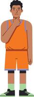 Thoughtful young basketball player in bright orange uniform with green sneakers, standing in a pose of contemplation, depicted in a minimal illustration vector