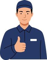 Friendly service worker in blue uniform giving a thumbs up in flat art style, expressing positivity and readiness to assist customers in a professional setting. vector