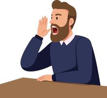 A man with a beard passionately shouting while seated at a wooden table in a flat illustration vector