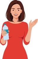 Woman in a red dress holding a water bottle while smiling and gesturing in a friendly manner, flat art vector