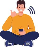 Cheerful young man sitting cross-legged while holding a smartphone and making a call in a flat illustration vector