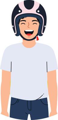 Smiling young man wearing a black helmet with pink accents in a minimal flat design art