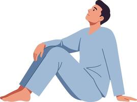 A serene man in comfortable blue loungewear sitting thoughtfully on the floor, minimal flat illustration reflecting calm and introspection in a peaceful setting art vector