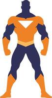 Strong superhero character with muscular build in flat style showcasing confidence and power in bold orange and navy colors, illustration vector