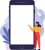 A woman in casual attire standing beside a large smartphone in a minimal and colorful setting showcasing modern technology art vector