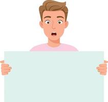 Young man holding a blank sign with a surprised expression in a minimal flat design illustration vector