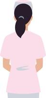 Nurse in pink scrubs standing with her back to the viewer in a minimalistic design style, conveying a sense of professionalism and care in illustration vector
