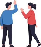 Two individuals engaging in a friendly wave goodbye in flat art style, showcasing casual clothing and a cheerful atmosphere vector