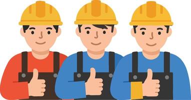 Three construction workers in colorful uniforms and hard hats giving thumbs up in a flat design illustration vector