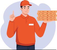 Delivery person in orange uniform holding stacked pizza boxes with a cheerful expression in flat art vector