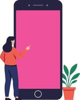 A woman standing beside a large smartphone with a blank screen, showcasing a minimal design style in vibrant colors, illustration vector