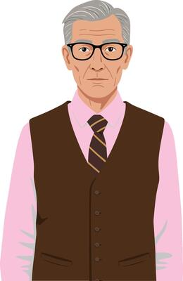 Elderly man wearing a stylish brown vest over a pink shirt, showcasing a flat illustration with a serious expression and tailored attire in a neutral setting, art