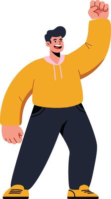 Enthusiastic man raising his fist in celebration wearing a bright yellow sweatshirt and dark pants in flat illustration
