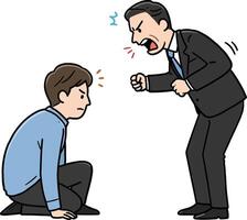 Angry businessman yelling at a seated employee in a minimal flat design illustration depicting conflict in a workplace setting vector