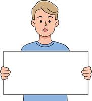 Young boy with blonde hair holding a blank sign in minimal flat art style, expressing curiosity and openness in a playful setting vector
