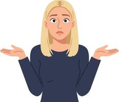 A woman with blonde hair displaying confusion in a minimal flat design style, raising her hands in uncertainty, expressing a puzzled mood in art vector