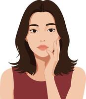Thoughtful young woman with long dark hair in minimal flat style, contemplating life and emotions, expressing a serene and introspective mood, illustration vector