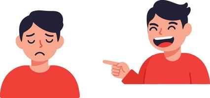Two male characters displaying contrasting emotions in flat illustration showcasing happiness and sadness during a social interaction vector