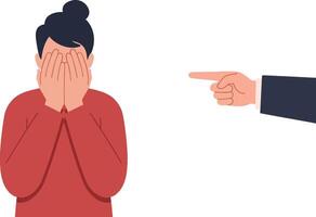 A woman with a distressed expression covering her face while a hand points towards her in a minimal flat illustration vector