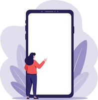 A woman pointing at a large smartphone screen surrounded by stylized foliage in a minimal flat design illustration vector