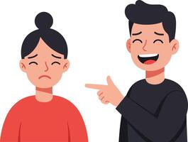 Two cartoon characters in a flat design style, one smiling and pointing while the other appears sad, expressing contrasting emotions in art vector