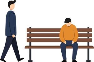 Two individuals in contrasting moods on a park bench, flat art depicting loneliness and introspection vector