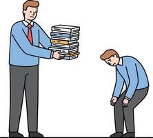 Two office workers in a flat design style, one holding a stack of papers while the other appears overwhelmed and bent over, illustration vector