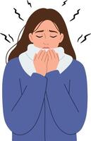 A woman expressing discomfort while holding her hands to her face in a minimal illustration showcasing emotional vulnerability and warmth in a cozy setting art vector