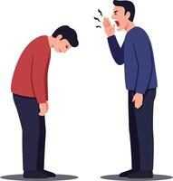 Two men in conversation with one man appearing downcast while the other speaks animatedly, flat illustration vector