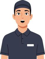 Young male employee wearing a dark uniform and cap with a surprised expression in minimal art vector