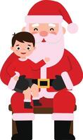Cheerful Santa Claus holding a smiling child in a flat and colorful design style, showcasing joy and festive spirit in art vector