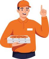 Cheerful pizza delivery man in orange uniform holding pizza box with a friendly gesture in flat art vector