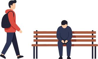 A young man in a red hoodie walks past a seated individual on a bench in a flat illustration depicting loneliness and connection in a public park setting vector