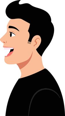 Profile view of a young man with dark hair and a cheerful expression wearing a black shirt in flat art
