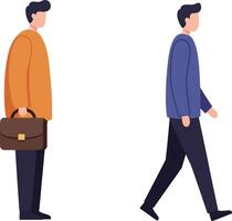 Two men walking in contrasting outfits, one with a briefcase and the other in casual attire, minimal illustration vector