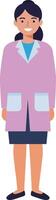 Friendly woman wearing a pink lab coat and black skirt standing confidently in a flat design illustration vector