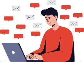 A young man focused on his laptop while surrounded by colorful speech bubbles and email icons in a flat illustration vector