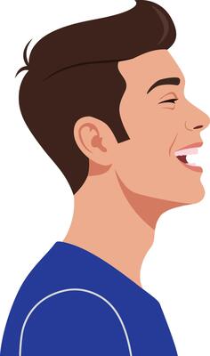 Profile view of a smiling young man with short dark hair wearing a blue shirt in a minimalistic flat illustration