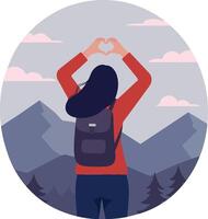 A woman creating a heart shape with her hands against a mountainous backdrop in a flat illustration conveying love and appreciation for nature vector