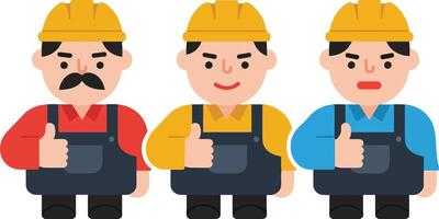 Three cheerful construction workers in colorful uniforms and hard hats showcasing teamwork in a flat illustration vector
