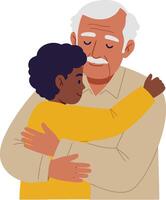 Elderly man embracing a young child in a warm and loving manner, flat illustration depicting affection and connection between generations in a joyful atmosphere art vector