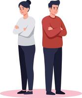 Two individuals standing back to back with crossed arms in a flat design style, showcasing tension and introspection in art vector