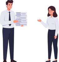 Business professionals in formal attire discussing documents in a flat design, showcasing collaboration and communication in art vector