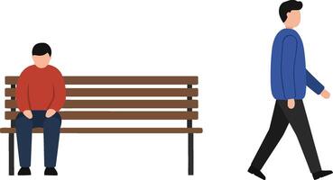 A young boy sitting alone on a wooden bench while a man walks by in a flat, minimal illustration vector