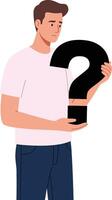 A young man in casual attire holding a large question mark in a flat illustration representing uncertainty and contemplation vector
