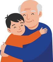 A happy grandfather embracing his cheerful grandson in a warm and loving moment, showcasing flat illustration style, conveying joy and connection in art vector