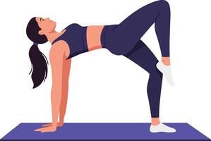 Dynamic woman performing a yoga pose on a blue mat in a flat illustration showcasing strength and balance in a serene atmosphere vector