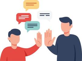 Two men engaged in a conversation with speech bubbles, flat design illustration vector